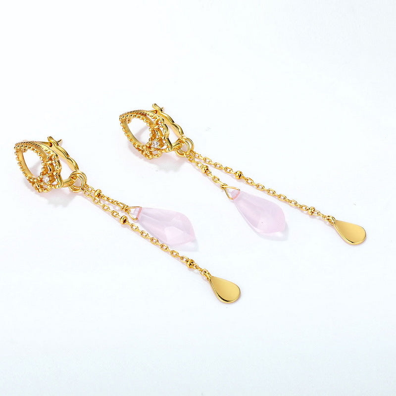 Luxury Tassel Pink Crystal Silver Drop Earrings