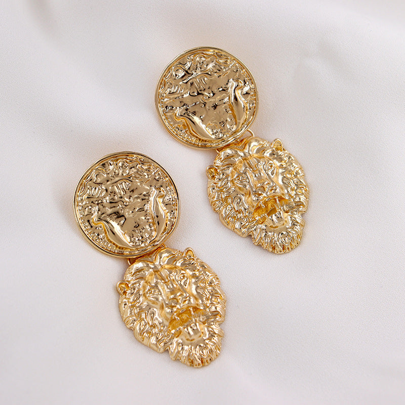 Lion Head Retro Gold Coin Earrings - Vienna Verve Collection