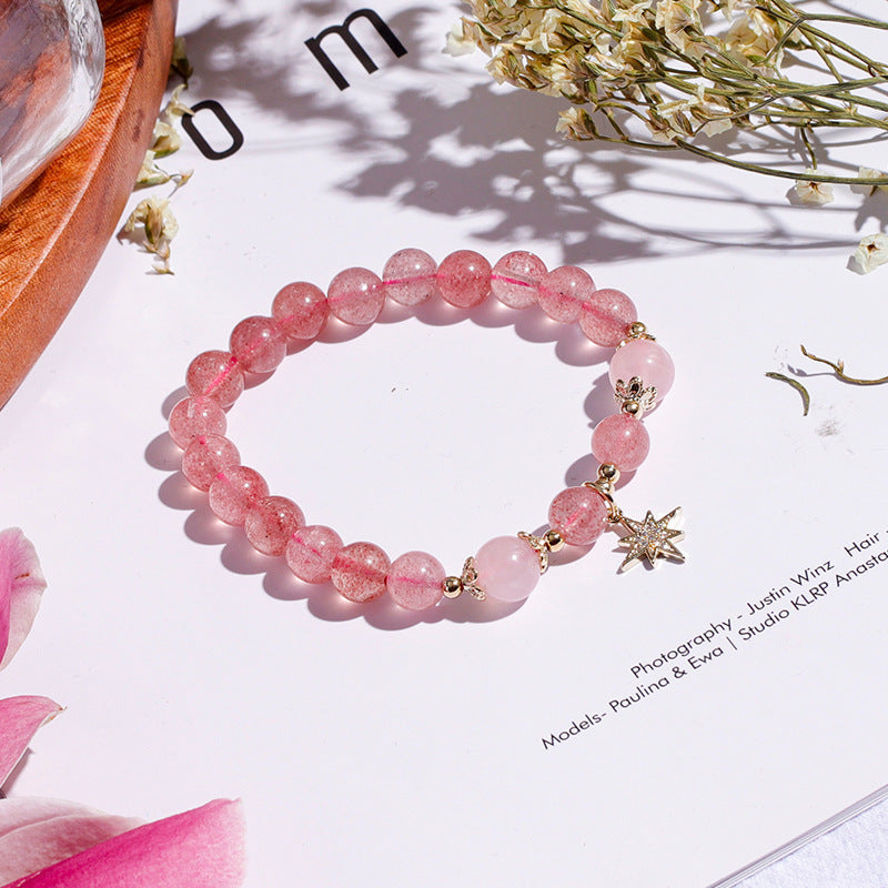 Strawberry Crystal Bracelet - Sterling Silver with Star and Moon Design