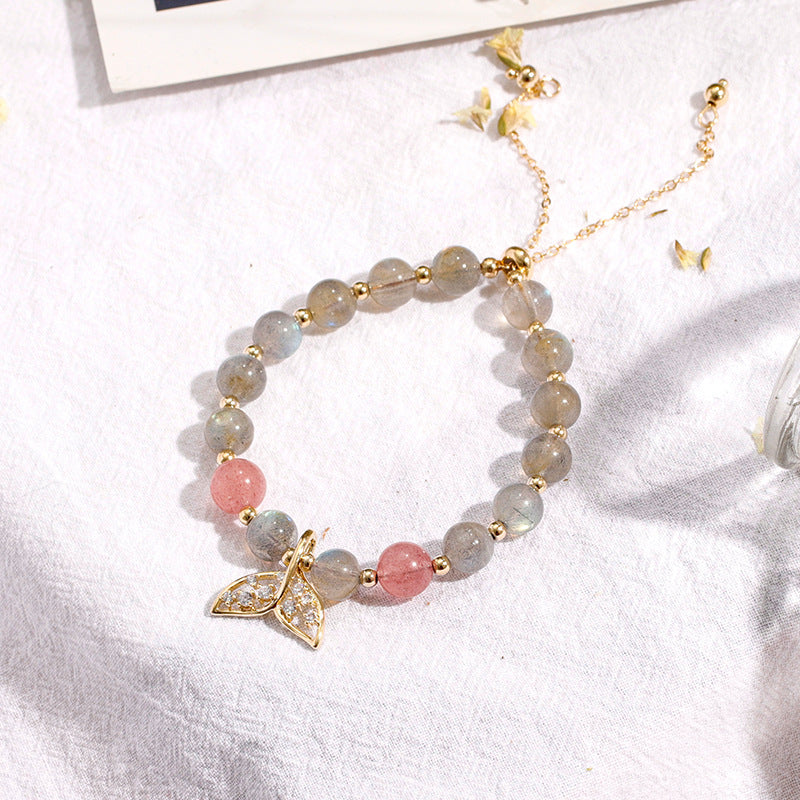 Sweet and Minimalist Strawberry Crystal Bracelet with Personalized Fishtail Design and Moonlight Stone, Korean Edition: Sterling Silver Handwear for Women