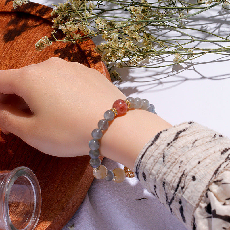 Cold Wind Yellow Hair Crystal Bracelet - Moonstone and Strawberry Crystal Bracelet