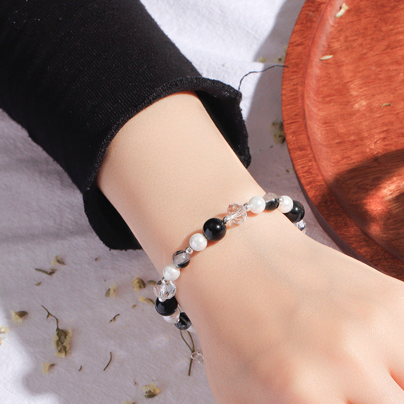 Fortune's Favor Sterling Silver Crystal and Obsidian Pearl Bracelet