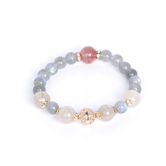 Cold Wind Yellow Hair Crystal Bracelet - Moonstone and Strawberry Crystal Bracelet