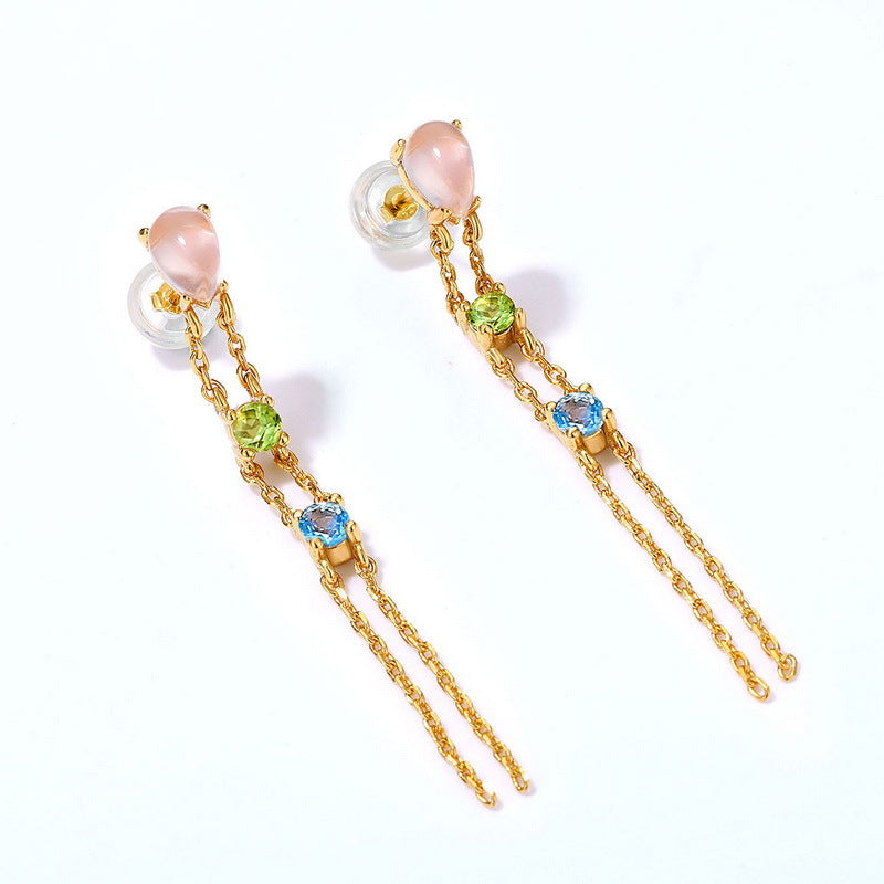 Luxury Pear Shape Pink Crystal Tassel Silver Drop Earrings