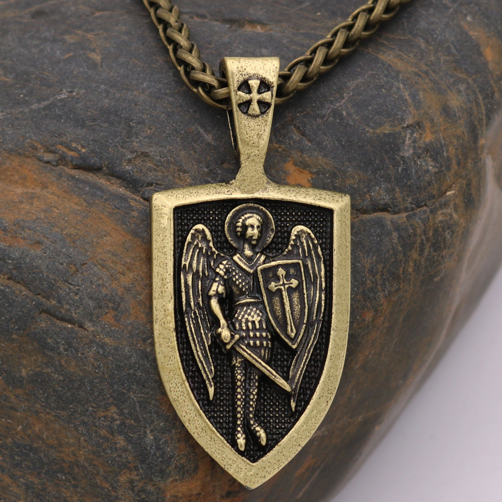 Saint Michael Guardian Angel Shield Pendant Necklace for Men - Russian Orthodox Archangel Amulet