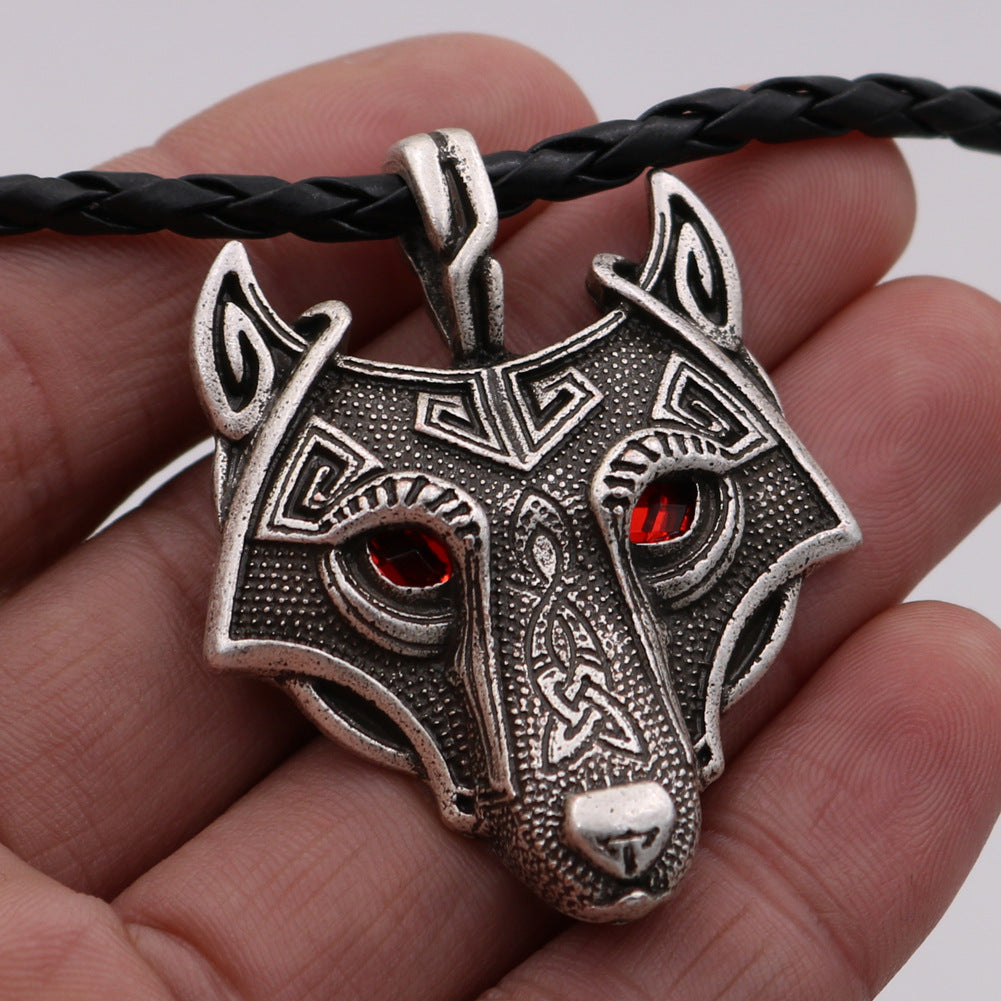 Viking Ice Plain Wolf Head Necklace with Green Eyes and Rune Pendant