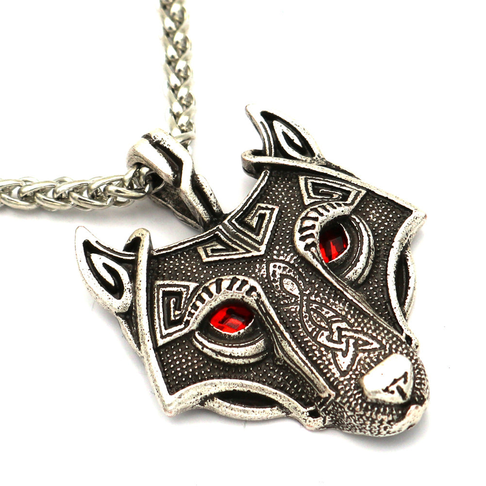 Viking Ice Plain Wolf Head Necklace with Green Eyes and Rune Pendant