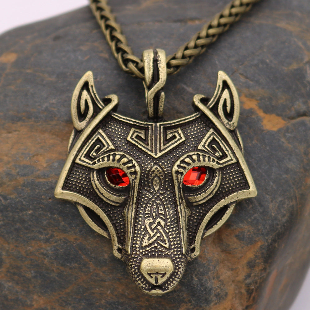 Viking Ice Plain Wolf Head Necklace with Green Eyes and Rune Pendant