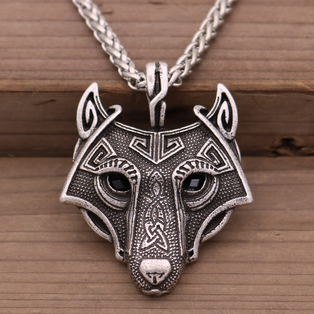 Viking Ice Plain Wolf Head Necklace with Green Eyes and Rune Pendant