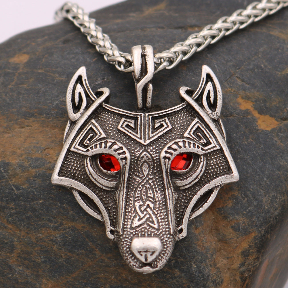 Viking Ice Plain Wolf Head Necklace with Green Eyes and Rune Pendant