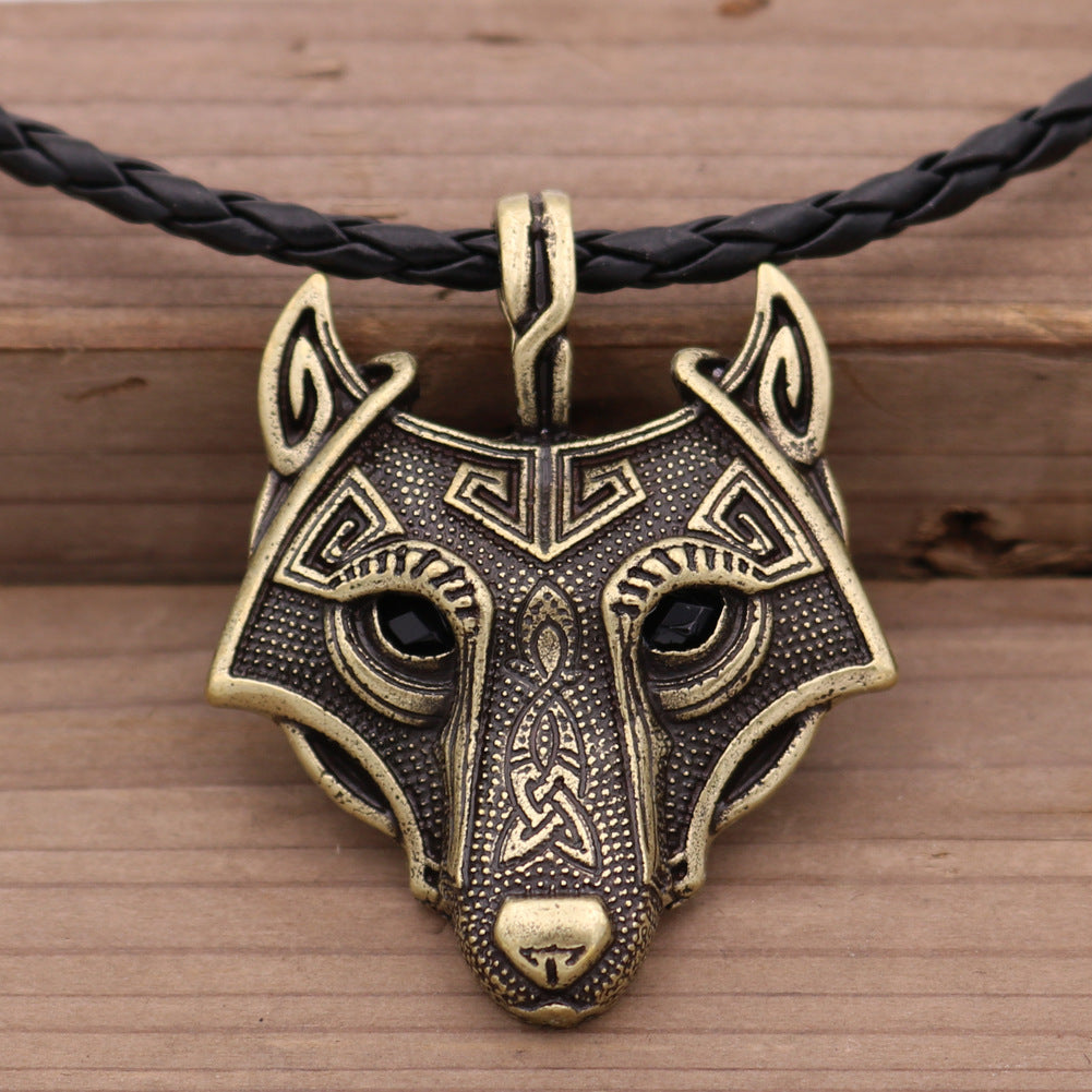 Viking Ice Plain Wolf Head Necklace with Green Eyes and Rune Pendant