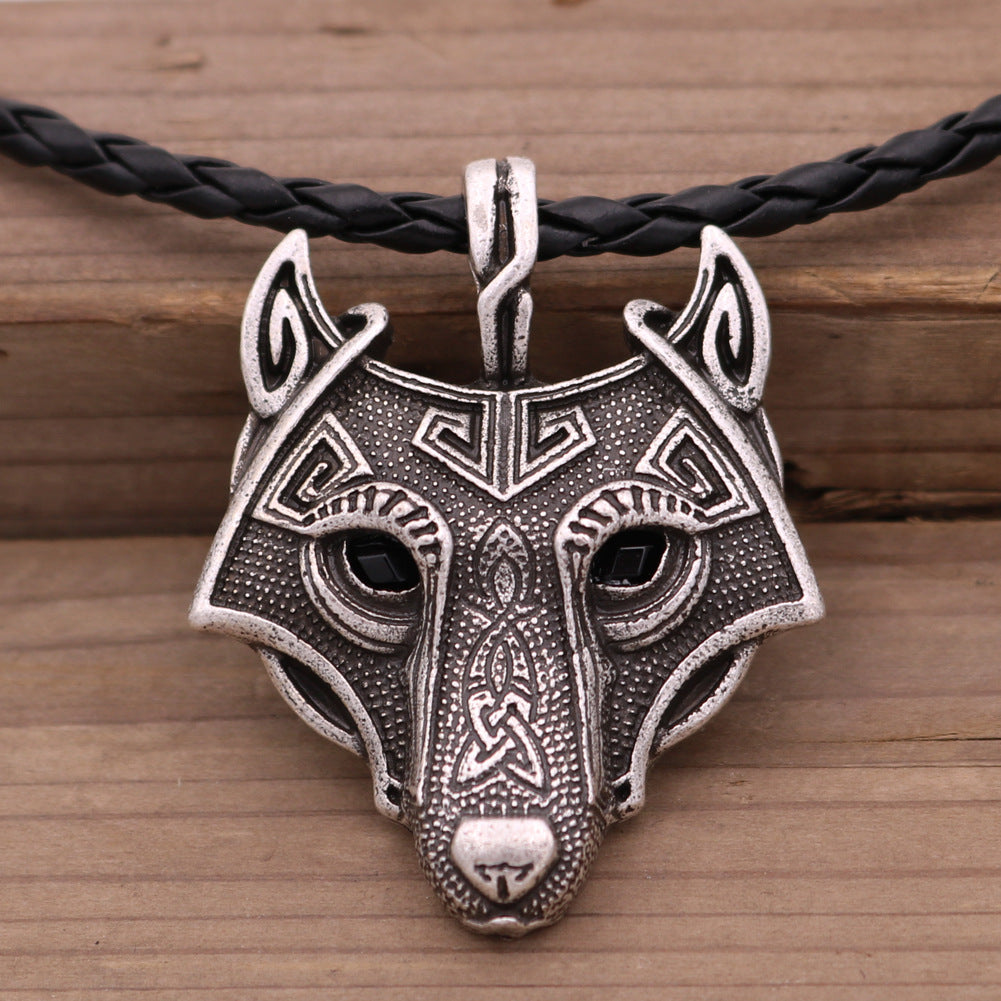 Viking Ice Plain Wolf Head Necklace with Green Eyes and Rune Pendant