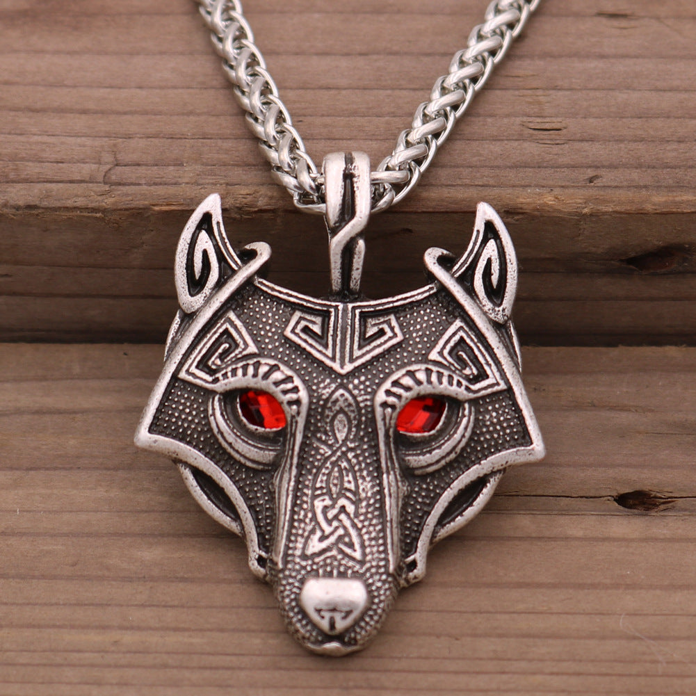 Viking Ice Plain Wolf Head Necklace with Green Eyes and Rune Pendant