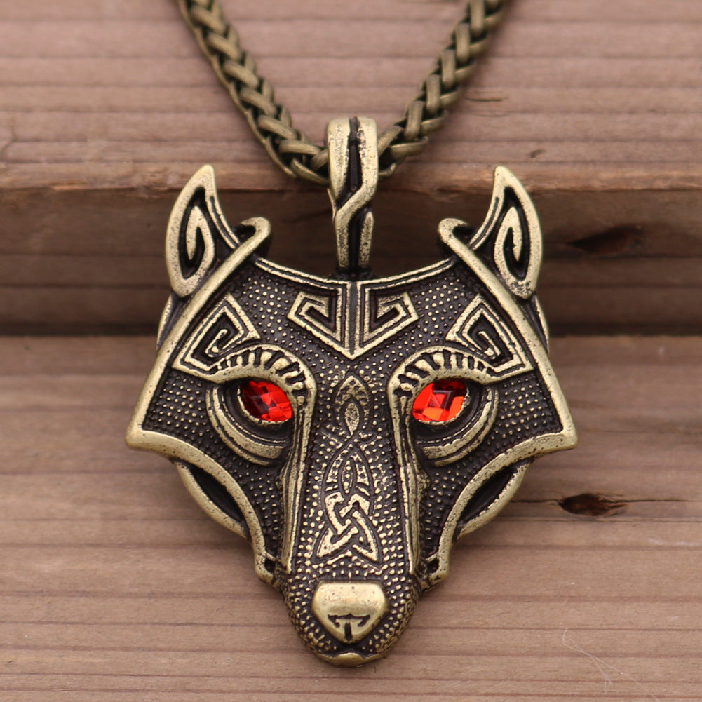 Viking Ice Plain Wolf Head Necklace with Green Eyes and Rune Pendant