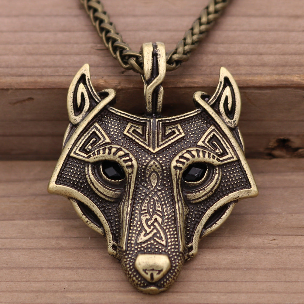 Viking Ice Plain Wolf Head Necklace with Green Eyes and Rune Pendant