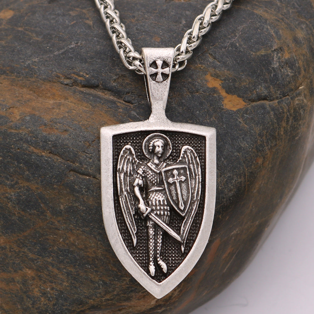 Saint Michael Guardian Angel Shield Pendant Necklace for Men - Russian Orthodox Archangel Amulet