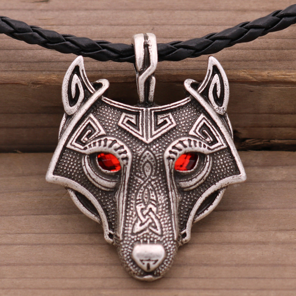 Viking Ice Plain Wolf Head Necklace with Green Eyes and Rune Pendant