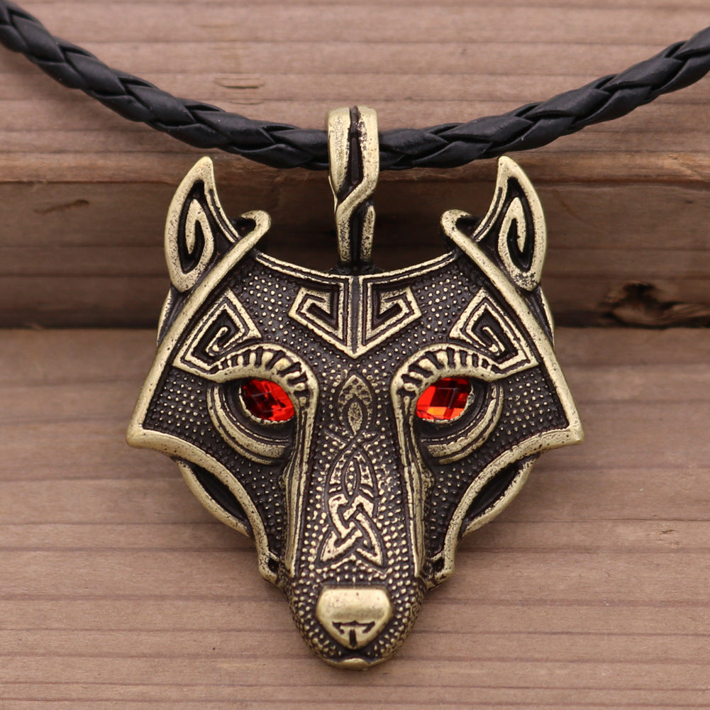 Viking Ice Plain Wolf Head Necklace with Green Eyes and Rune Pendant