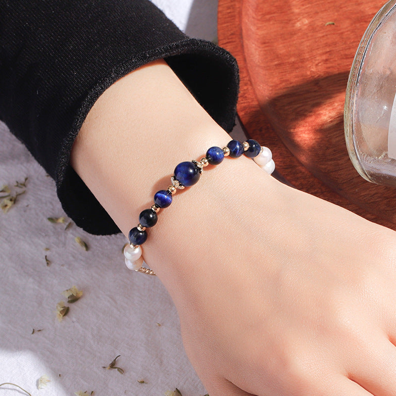 Customized Korean Edition Blue Tiger Eye Crystal and Pearl Bracelet for Girlfriend and Best Friend's Birthday Gift