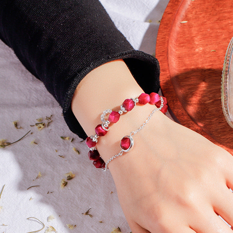 Red Tiger Eye Stone Double Bracelet with Sterling Silver Needle