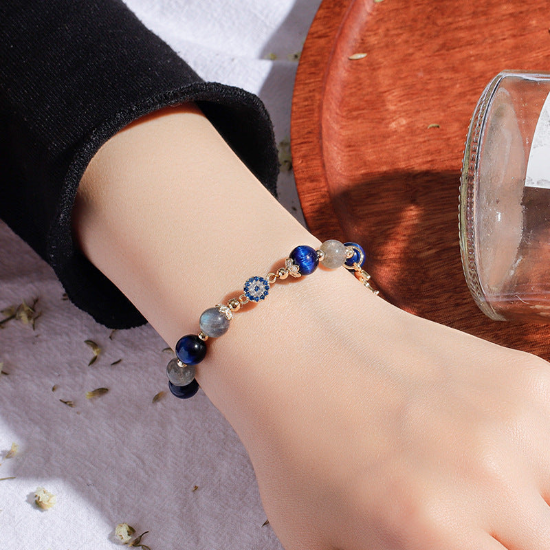 Elegant Crystal Grey Moonlight Blue Bracelet with Devil's Eye Design