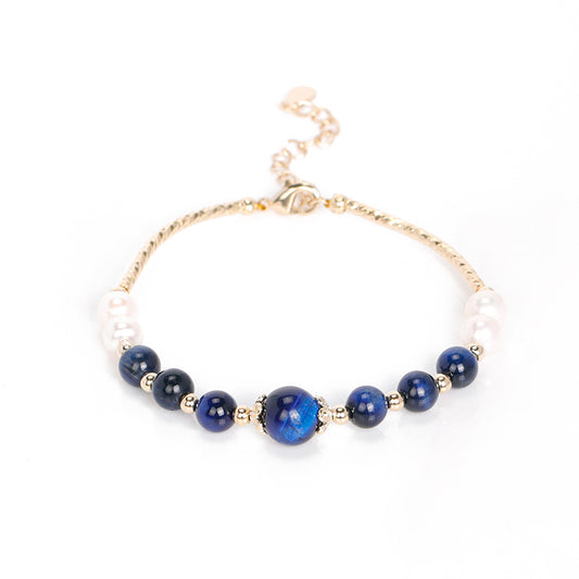 Customized Korean Edition Blue Tiger Eye Crystal and Pearl Bracelet for Girlfriend and Best Friend's Birthday Gift