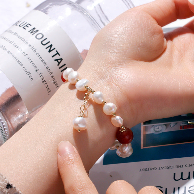 Fortune's Favor Freshwater Pearl and Red Agate Bracelet