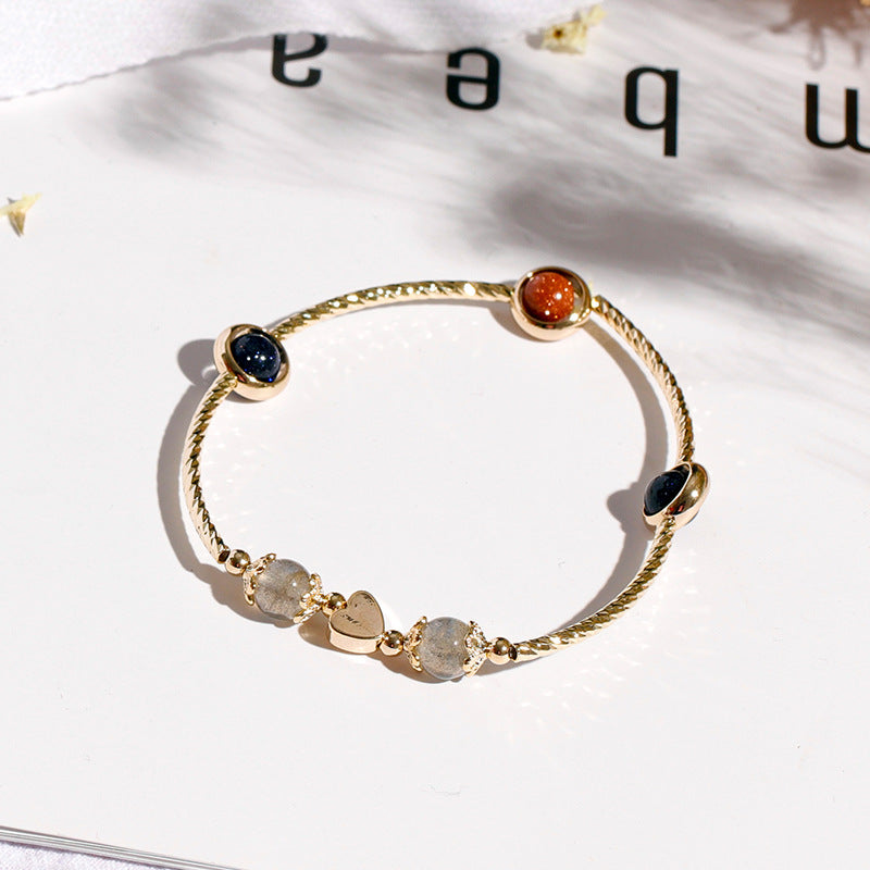 Korean Edition Sterling Silver Fortune's Favor Moonlight Stone Bracelet with Blue and Golden Sandstone