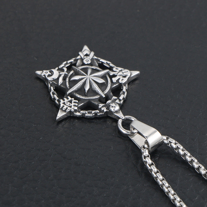 Personalized Titanium Steel Retro Star Flower Necklace for Men - Fashionable Sweater Pendant