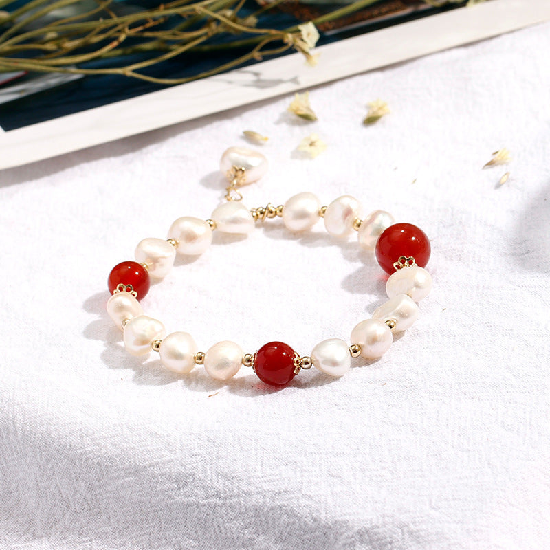 Fortune's Favor Freshwater Pearl and Red Agate Bracelet