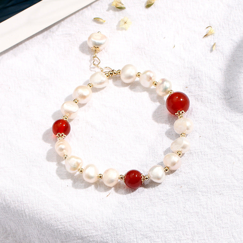 Fortune's Favor Freshwater Pearl and Red Agate Bracelet