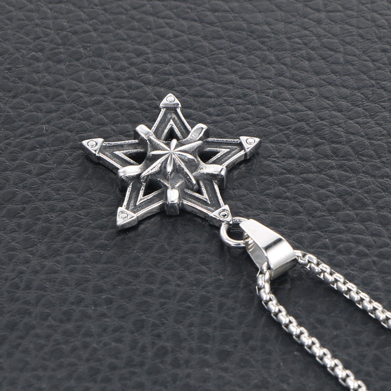 Wholesale Japanese and Korean Punk Titanium Steel Star Flower Pendant Necklace for Men