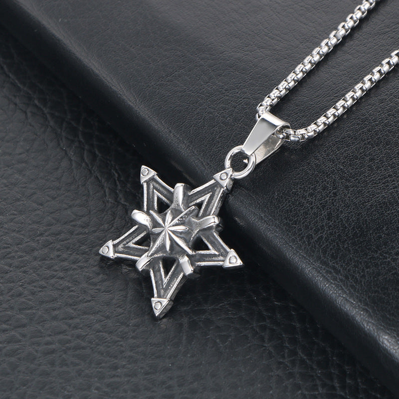 Wholesale Japanese and Korean Punk Titanium Steel Star Flower Pendant Necklace for Men