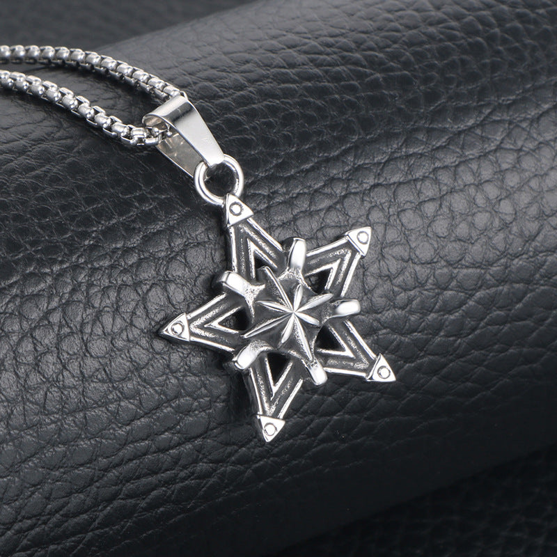 Wholesale Japanese and Korean Punk Titanium Steel Star Flower Pendant Necklace for Men