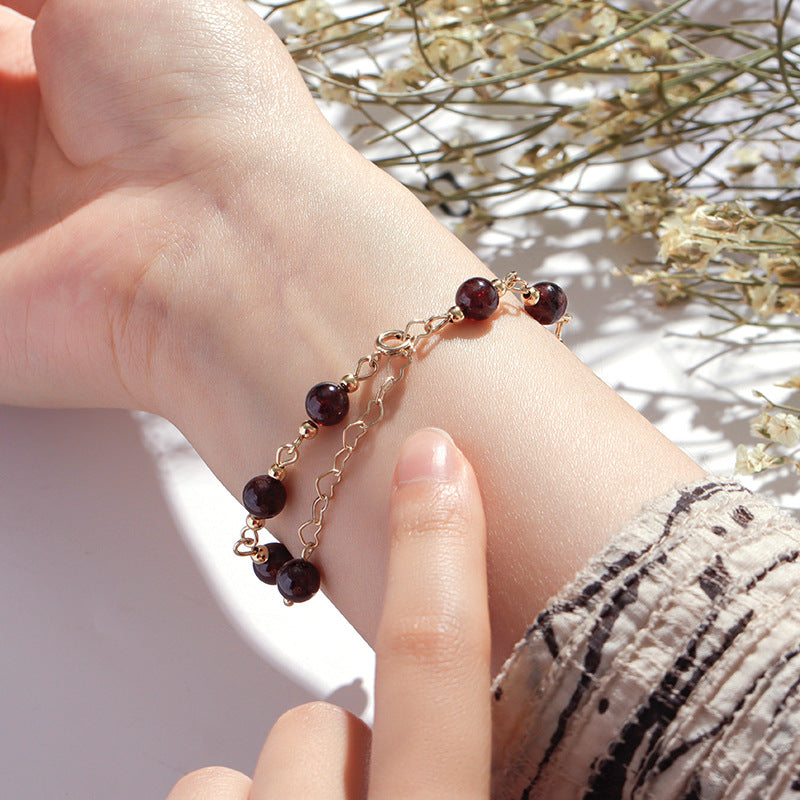 Dreamy Butterfly Wine Red Garnet Bracelet Plated in Gold - Korean Style Hand Chain