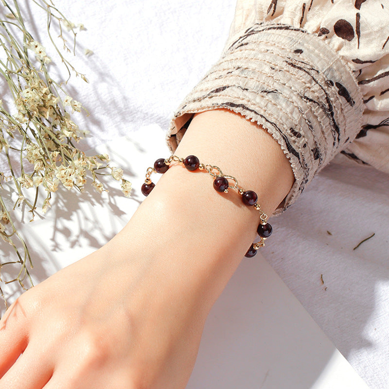 Dreamy Butterfly Wine Red Garnet Bracelet Plated in Gold - Korean Style Hand Chain