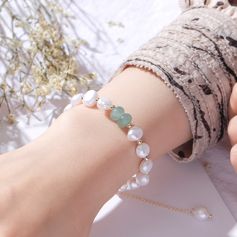 Green Aventurine and Freshwater Pearl Sterling Silver Bracelet in Korean Fashion Style