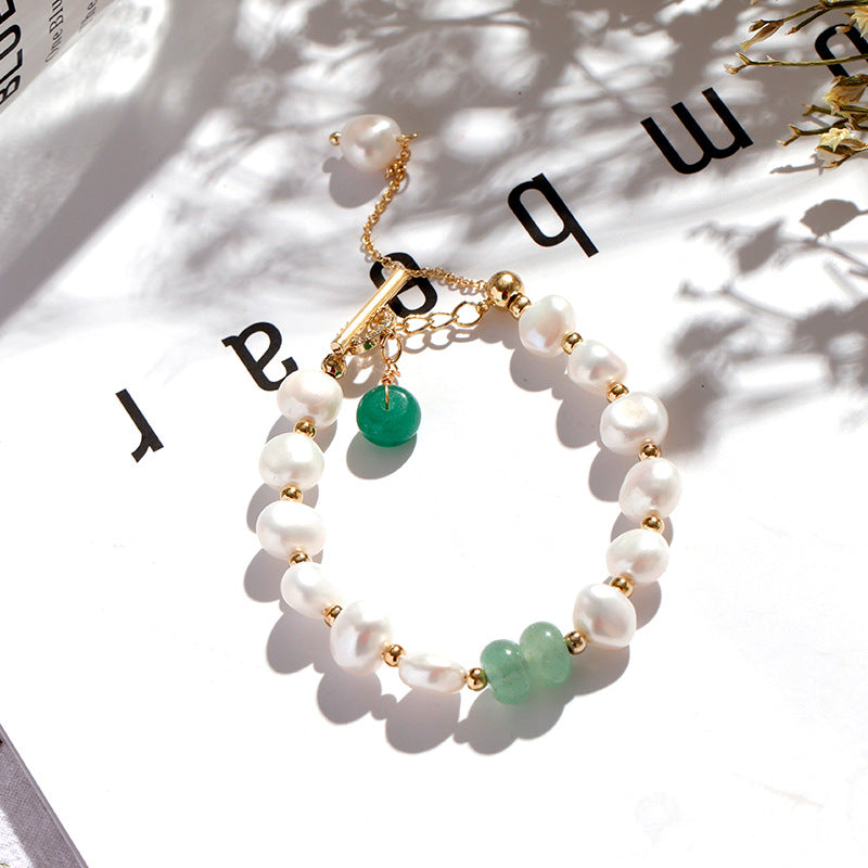 Green Aventurine and Freshwater Pearl Sterling Silver Bracelet in Korean Fashion Style