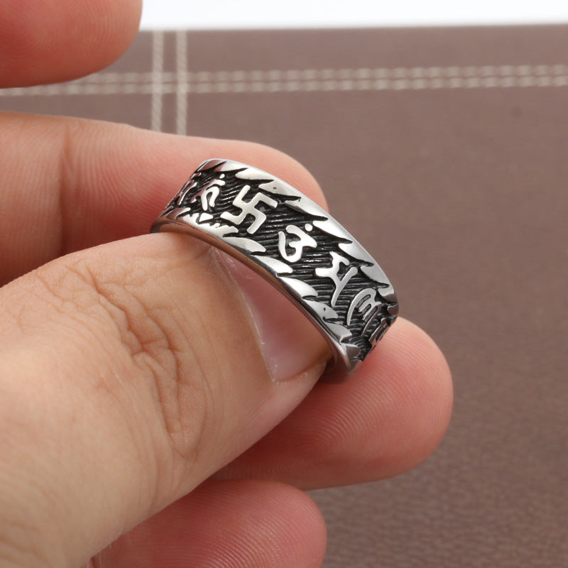 Titanium Steel Rune Punk Ring - Men's Stainless Steel Buddhist Sutra Band