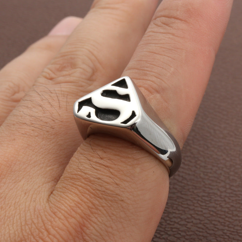 Titanium Steel Superman Emblem Punk Rock Ring for Men - Stainless Steel S Design