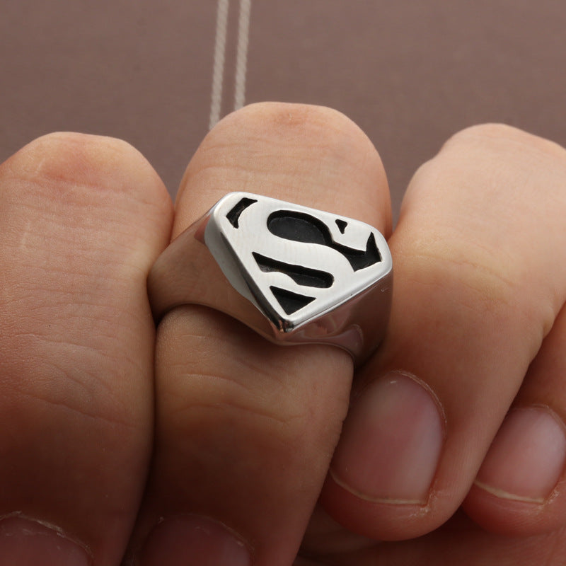 Titanium Steel Superman Emblem Punk Rock Ring for Men - Stainless Steel S Design