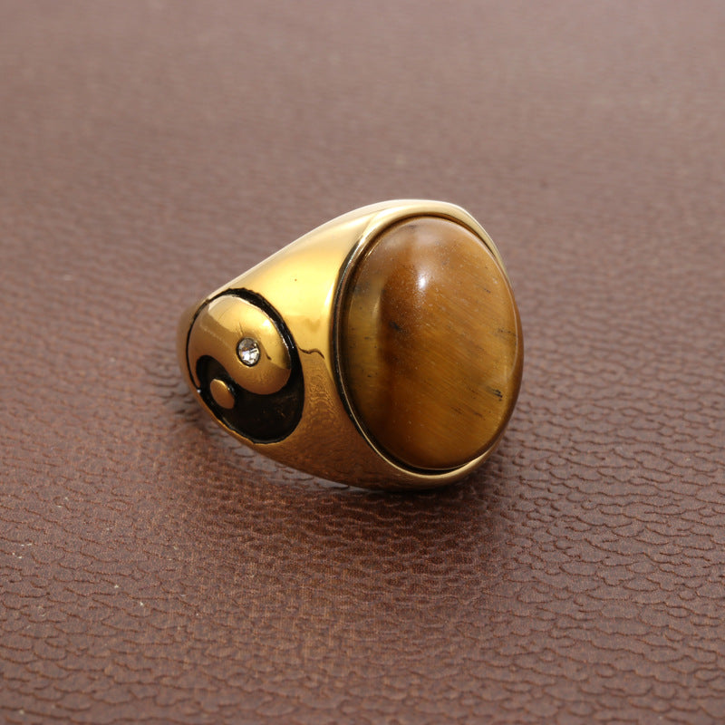 Punk Titanium Steel Tiger's Eye Gemstone Ring for Men - Unleash Your Inner Strength