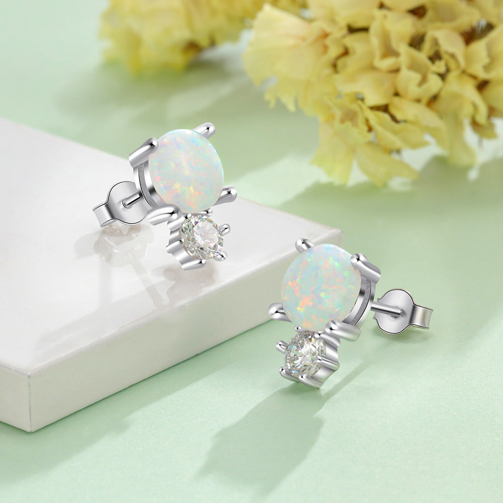 Round Opal with Small Round Zircon Sterling Silver Stud Earrings