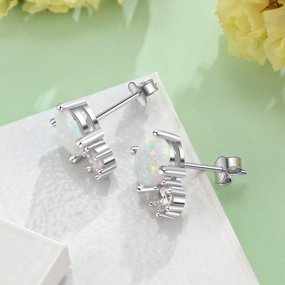 Round Opal with Small Round Zircon Sterling Silver Stud Earrings