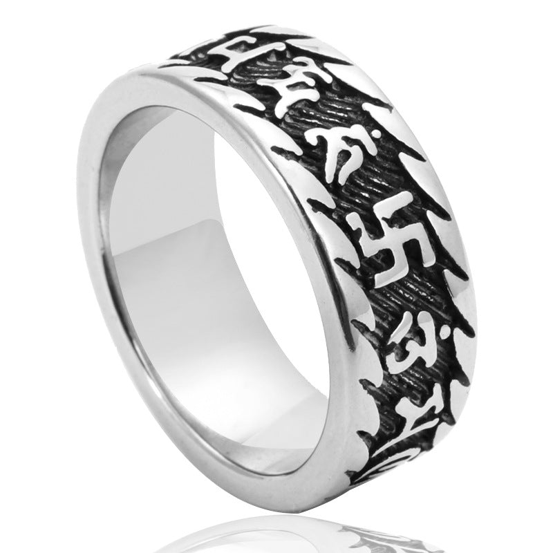 Titanium Steel Rune Punk Ring - Men's Stainless Steel Buddhist Sutra Band