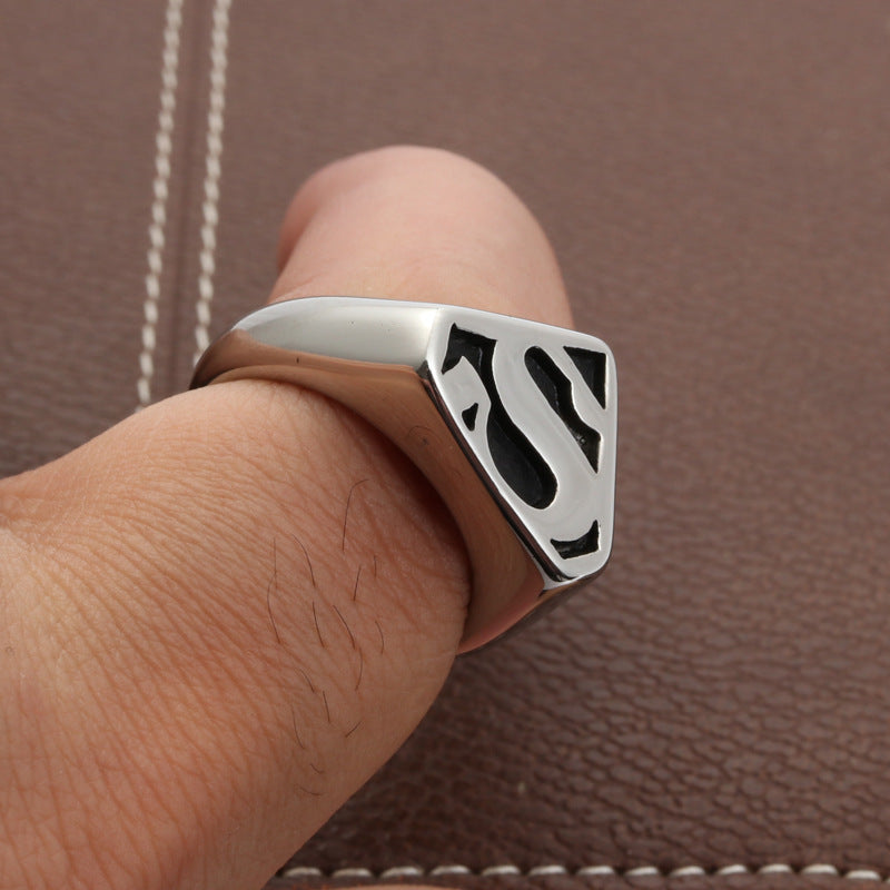 Titanium Steel Superman Emblem Punk Rock Ring for Men - Stainless Steel S Design