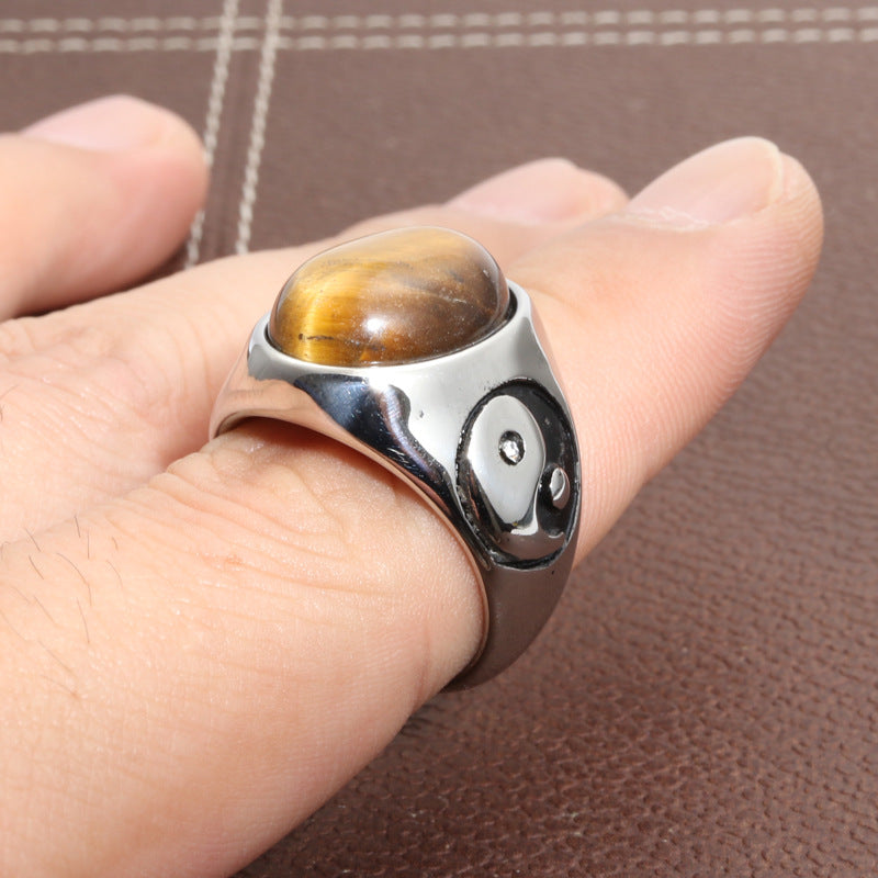 Punk Titanium Steel Tiger's Eye Gemstone Ring for Men - Unleash Your Inner Strength