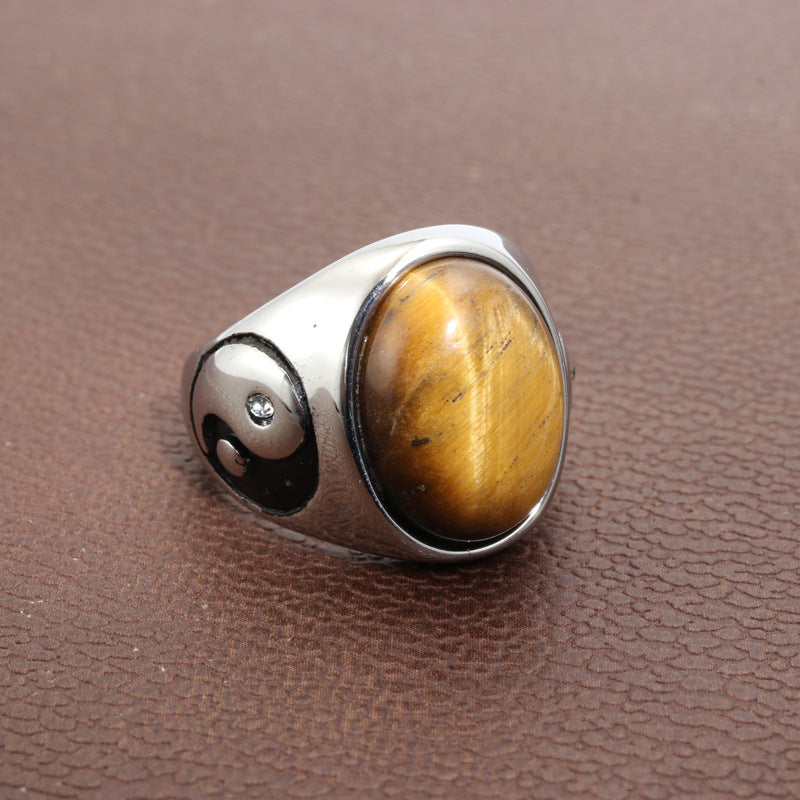 Punk Titanium Steel Tiger's Eye Gemstone Ring for Men - Unleash Your Inner Strength