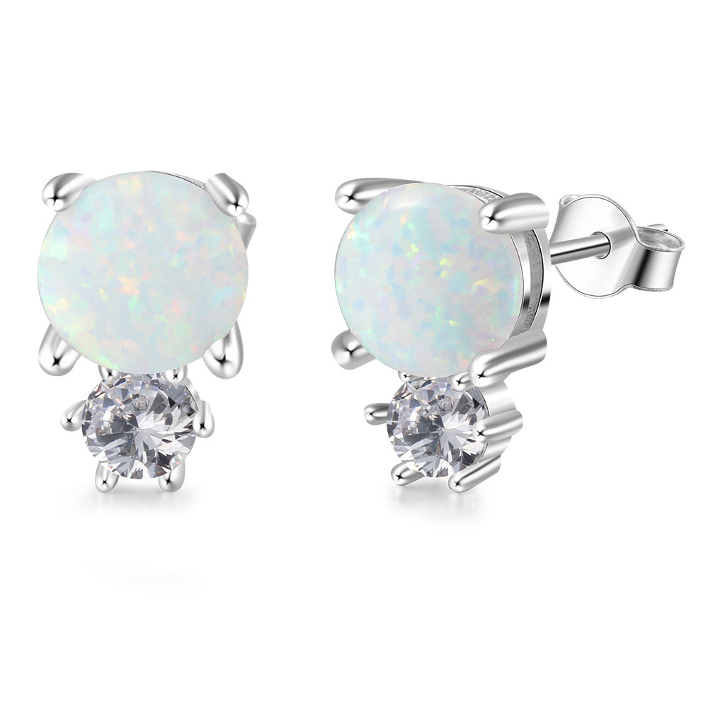 Round Opal with Small Round Zircon Sterling Silver Stud Earrings