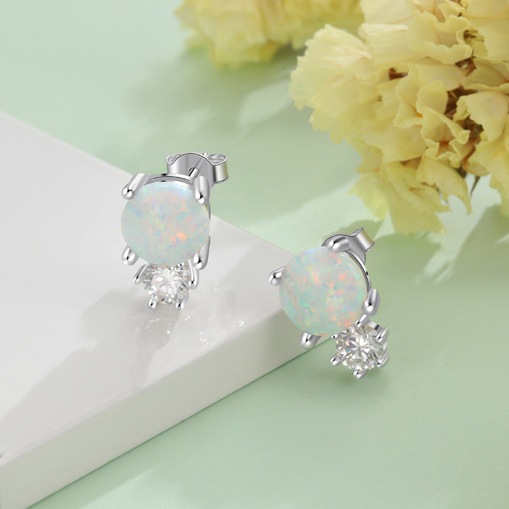 Round Opal with Small Round Zircon Sterling Silver Stud Earrings